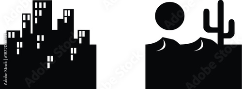 Modern cityscape contrasts with desert landscape and cactus under sunny sky