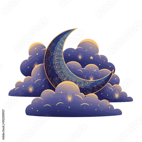 Crescent Moon with Clouds and Stars.