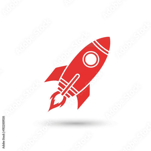 A red rocket ship blasting off into space, leaving a trail of fire and smoke