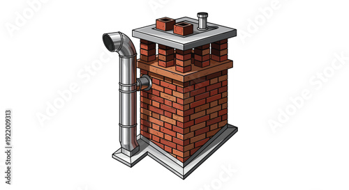 A detailed isometric illustration of a brick chimney with a metal exhaust pipe and various vents, on a clean white background.