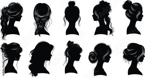 Female profile silhouettes. Vector collection. Women head side view with different hairstyles. Beauty concept.