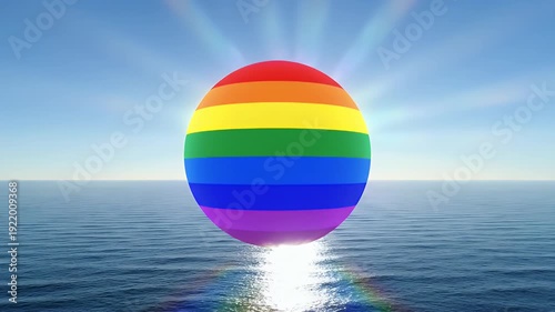 Rainbow Ball Floating Over Ocean Water.