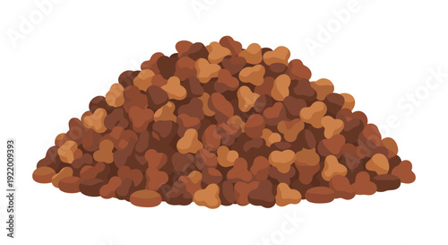 A large appealing mound of dry pet food kibble, featuring a mix of various brown and tan shapes, resting on a clean white background.