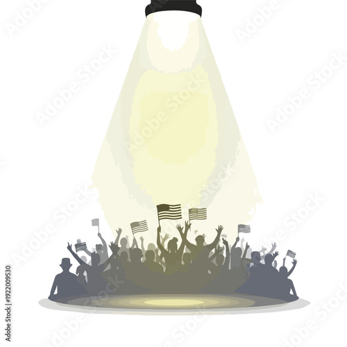 Crowd of People Holding Flags Under Spotlight.