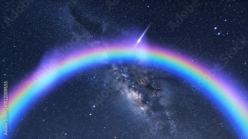 Rainbow Arching Over Milky Way Galaxy Night Sky.