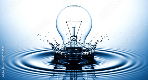 Clear light bulb creating a dynamic splash in fresh blue water with expanding ripples.