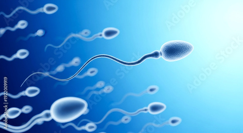 Microscopic view of numerous human spermatozoa swimming through a bright blue fluid medium