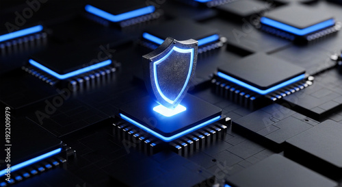 Advanced digital defense represented by a radiant blue shield integrated onto a microchip circuit.