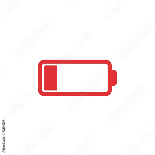 Flat graphic illustration of a red low battery indicator icon, symbolizing critical power levels and an urgent need for charging, perfect for digital interfaces and warning notifications