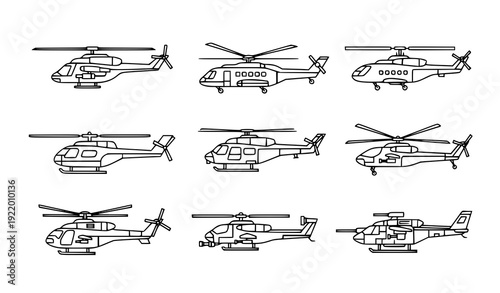 Military Helicopter Outline Icon Set with 9 Combat Aircraft Chopper Symbols for Web Design