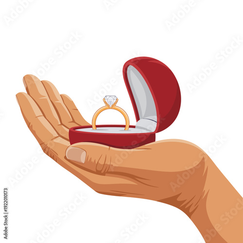 A hand holding an open red velvet jewelry box with an engagement ring inside