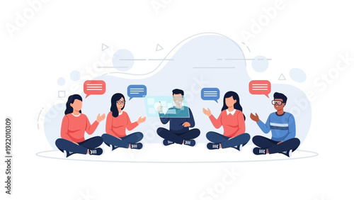 Diverse people in circle discussing ideas with futuristic interface