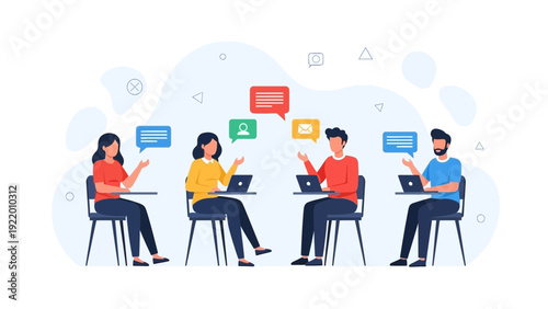 Diverse people in online meeting, discussing ideas on laptops with speech bubbles