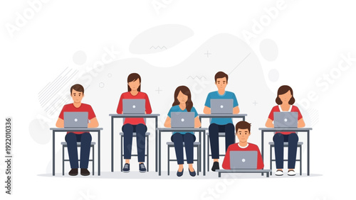 Diverse students in modern classroom learning with laptops, online education concept