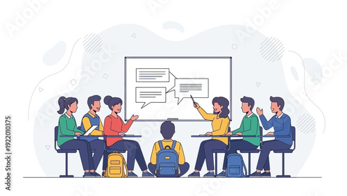 Diverse students learning in a modern classroom with interactive whiteboard