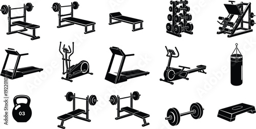Collection of black and white gym equipment including barbells dumbbells benches and cardio machines