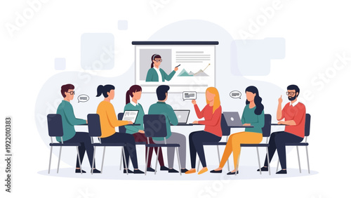 Diverse team attending business meeting with online presenter on screen