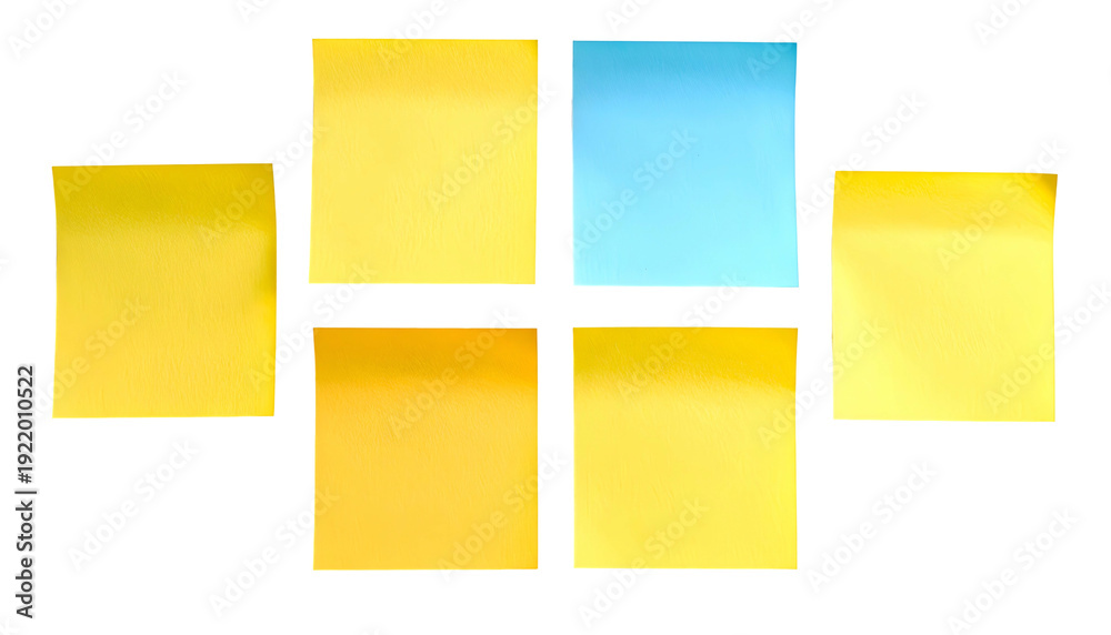 Fototapeta premium A cluster of rectangular sticky notes, mostly yellow with one blue, against a black background