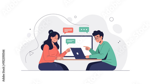 Diverse team collaborating on laptop, discussing ideas with chat bubbles