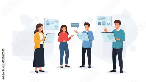 Diverse team collaborating on digital project with futuristic interfaces