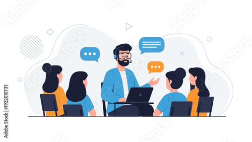 Diverse team in meeting, listening to presenter with laptop and speech bubbles