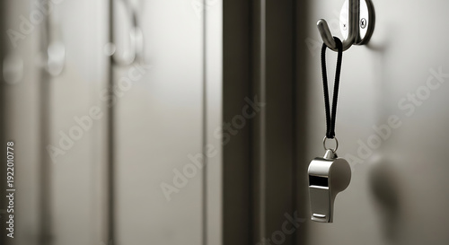 Sports Whistle Hanging on Locker Room Hook Close Up