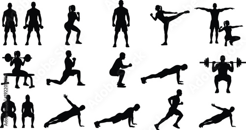 Silhouettes of people performing various exercises and fitness activities in black and white workout 6