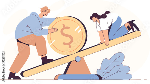 A man pushes a large dollar coin on one side of a tilted seesaw while a woman sits on the other.