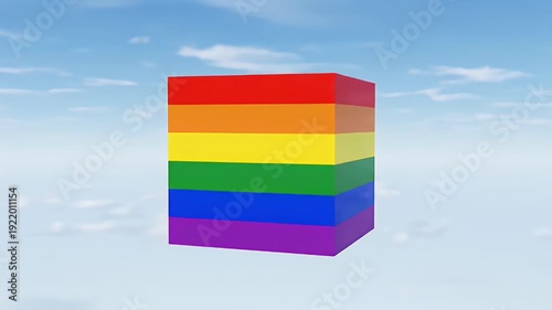 Rainbow Colored Cube Floating in Sky.