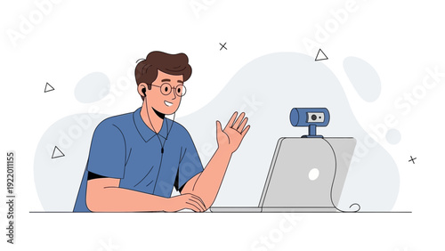 Man Waving Hello on Video Call, Online Communication, Remote Work