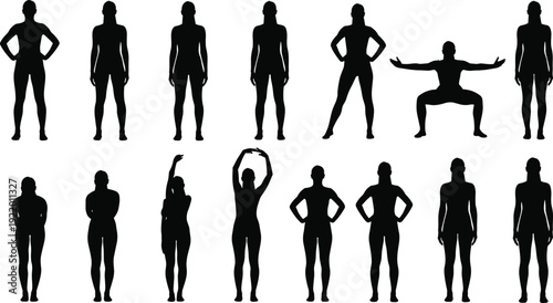 Silhouettes of people performing various poses and exercises in black and white