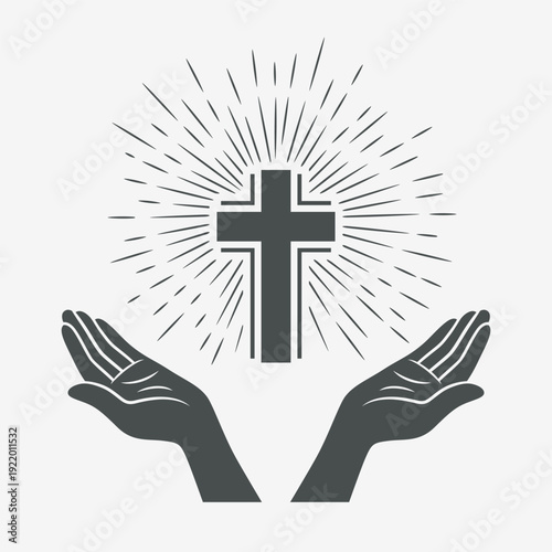 Vector Black and White Open Hands with Cross and Rays. Symbol of Faith and Prayer. Design Template for Church Logo. Prayer, Religion Concept. Monochrome Cut Out Silhouette Icon. Vector Illustration