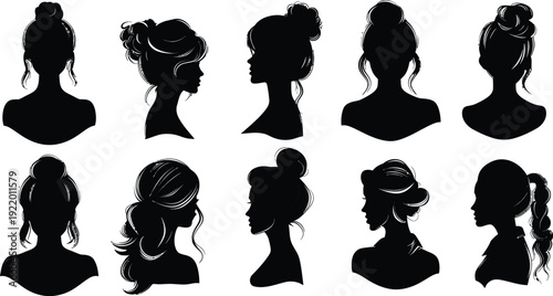 Female head silhouettes. Vector illustration set. Women side profiles with various hair styles. Fashion concept.