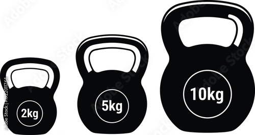Three black kettlebells with weights 2kg 5kg and 10kg in a row on white background