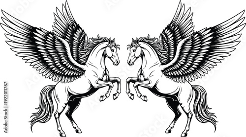 Black and white pegasus silhouette illustration of two mythical winged horses facing each other for fantasy heraldry and mascot design