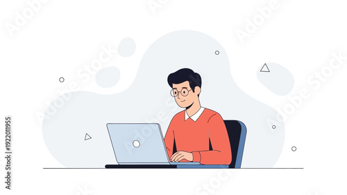 Man working on laptop, remote work, online education, digital nomad, flat design