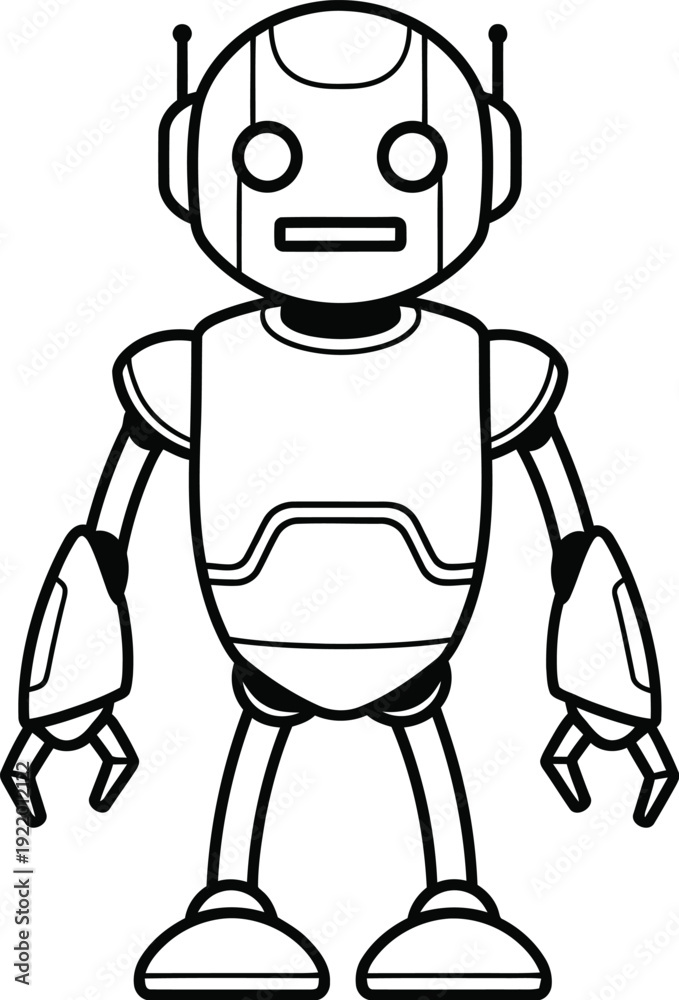 Fototapeta premium Outline Illustration of a Friendly Robot with Detailed Body vector