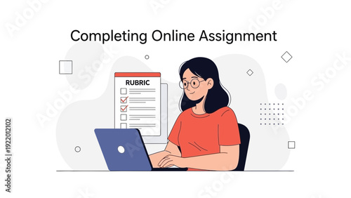 Student Completing Online Assignment on Laptop with Rubric