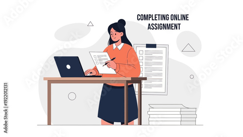 Student Completing Online Assignment on Laptop, Studying and Writing