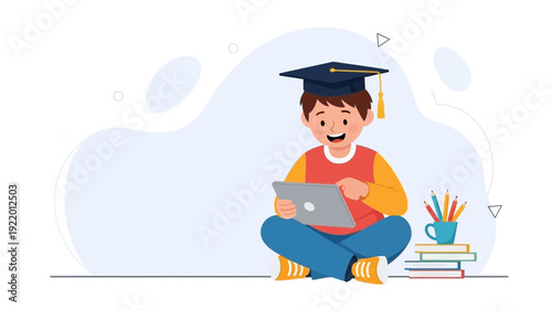 Happy student with tablet and graduation cap, learning online