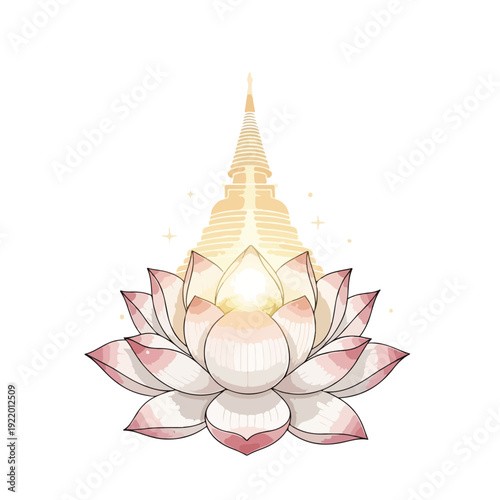 Lotus Flower with Stupa Illustration Artwork.
