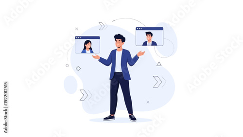 Man choosing between two remote work options on video calls