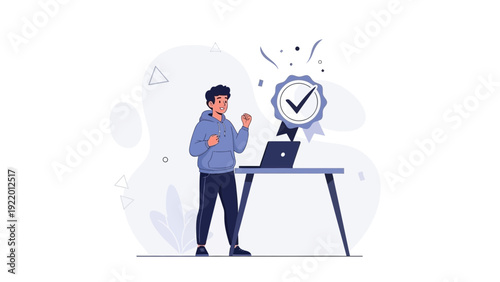 Man celebrating success with laptop and achievement badge, modern flat illustration