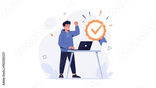 Man celebrating success with laptop and achievement badge, flat design illustration