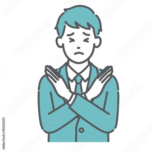 NGサインを出す10代男性（男子学生）のイラスト（禁止・注意・上半身）