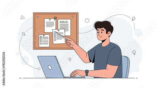 Man checking checklist on bulletin board with laptop, planning and organization concept