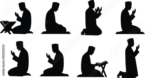 Collection of Muslim man silhouettes in various prayer positions, kneeling in devotion, and reading the holy Quran on a stand.