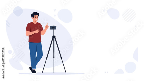 Man filming video on tripod with smartphone, online content creation concept