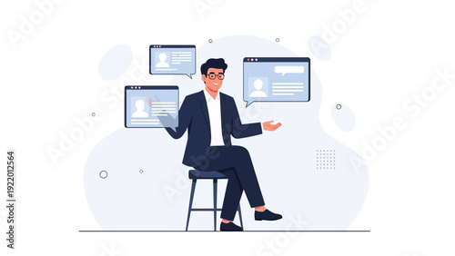 Man in Suit Sitting on Stool with Digital Profiles and Bubbles
