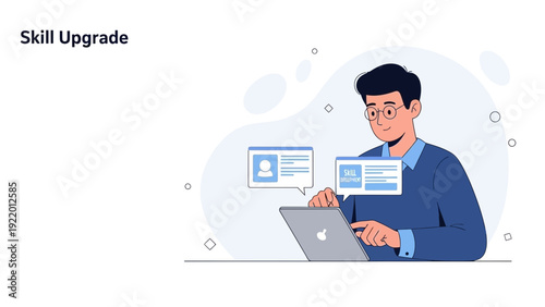 Man learning new skills on laptop, online education, career development, skill upgrade concept